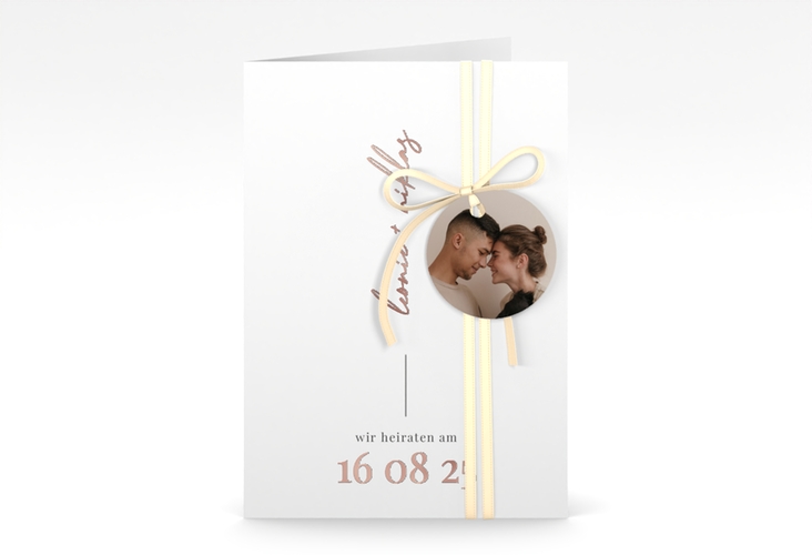 Einladungskarte Hochzeit Idylle A6 Klappkarte hoch weiss rosegold