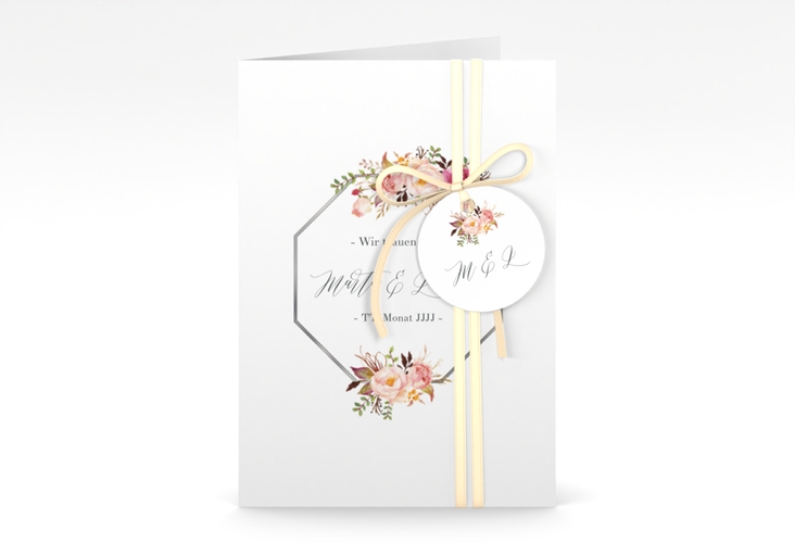 Einladungskarte Hochzeit Prachtvoll A6 Klappkarte hoch weiss silber