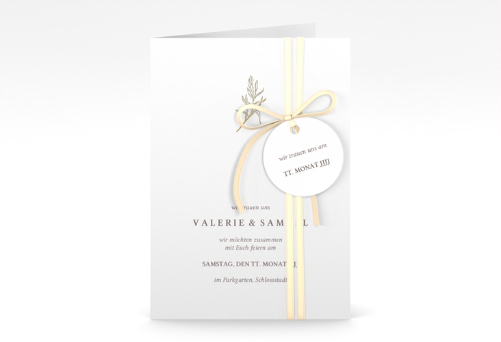 Einladungskarte Hochzeit Ivy A6 Klappkarte hoch weiss gold minimalistisch mit kleiner botanischer Illustration