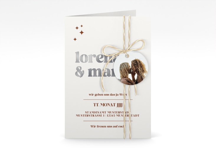 Einladungskarte Hochzeit Retro A6 Klappkarte hoch weiss silber