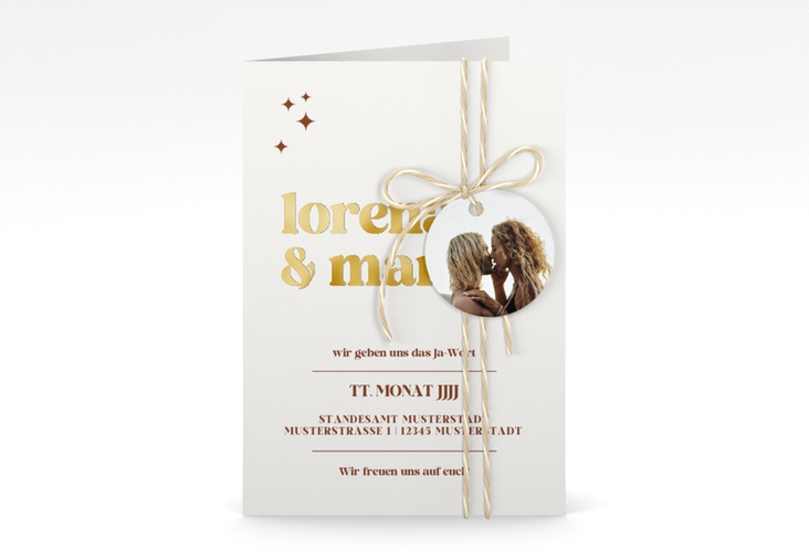 Einladungskarte Hochzeit Retro A6 Klappkarte hoch weiss gold