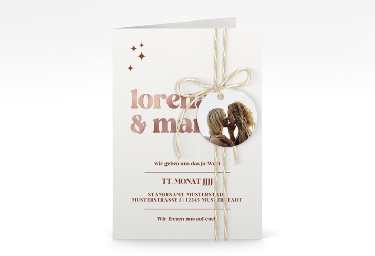 Einladungskarte Hochzeit Retro A6 Klappkarte hoch weiss rosegold