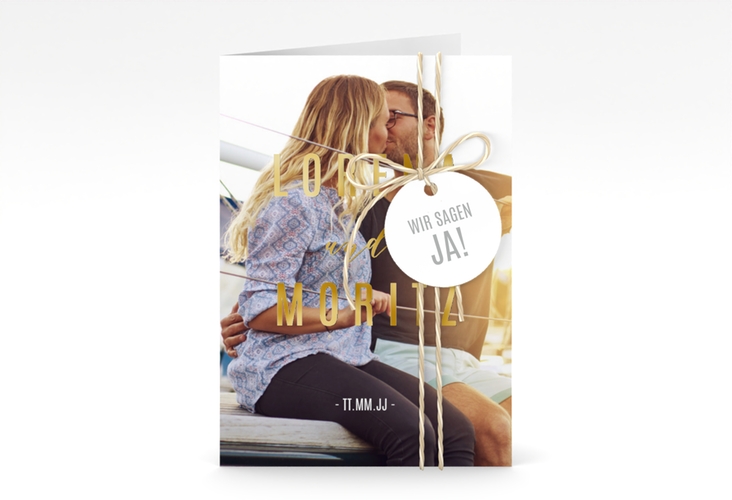 Einladungskarte Hochzeit Memory A6 Klappkarte hoch weiss gold