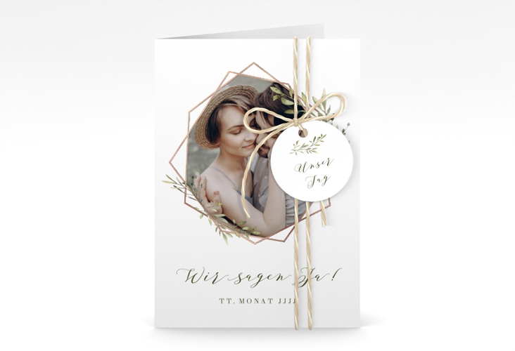 Einladungskarte Hochzeit Acacia A6 Klappkarte hoch weiss rosegold