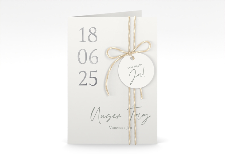 Einladungskarte Hochzeit Day A6 Klappkarte hoch weiss silber mit Datum im minimalistischen Design
