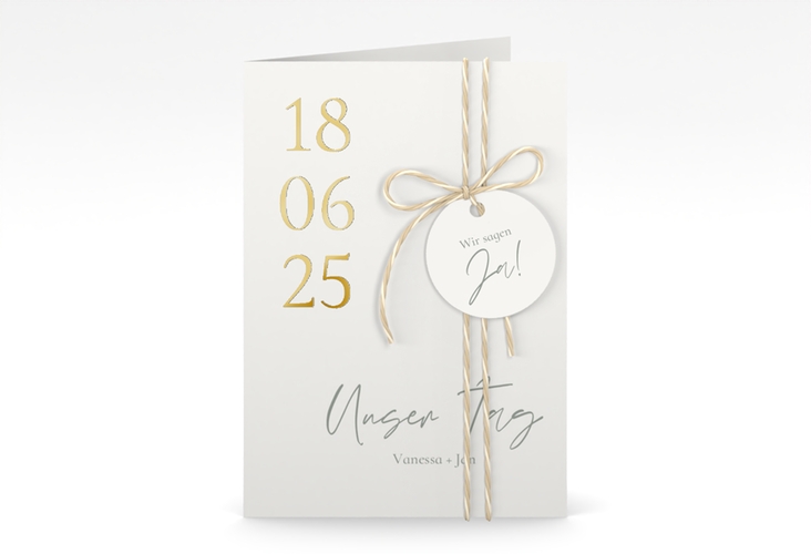 Einladungskarte Hochzeit Day A6 Klappkarte hoch weiss gold mit Datum im minimalistischen Design