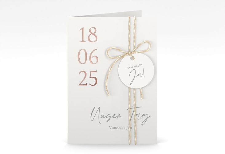 Einladungskarte Hochzeit Day A6 Klappkarte hoch weiss rosegold mit Datum im minimalistischen Design