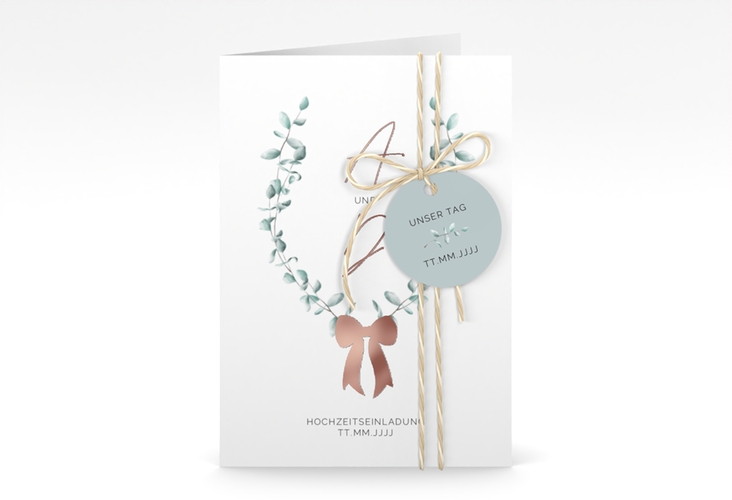Einladungskarte Hochzeit Eucalypt Bow A6 Klappkarte hoch gruen rosegold