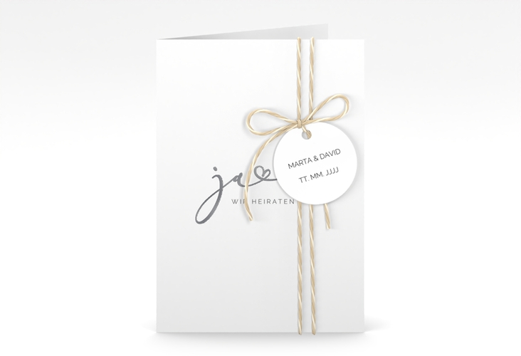 Hochzeitseinladung Jawort A6 Klappkarte hoch weiss silber modern minimalistisch mit veredelter Aufschrift