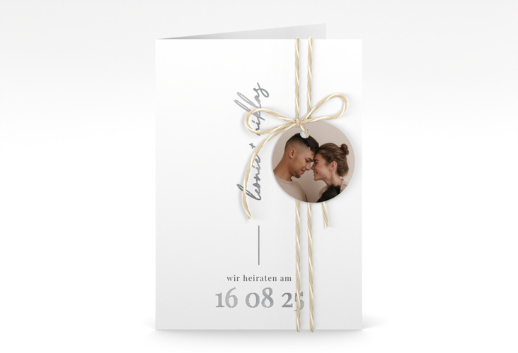 Einladungskarte Hochzeit Idylle A6 Klappkarte hoch weiss silber