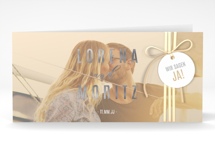 Hochzeitseinladung Memory lange Klappkarte quer beige silber