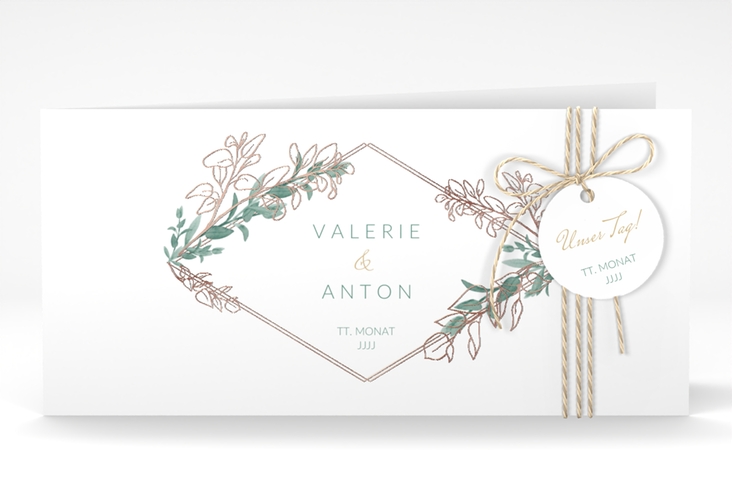 Hochzeitseinladung Verde lange Klappkarte quer weiss rosegold