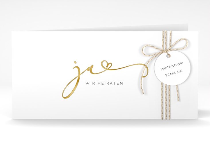 Hochzeitseinladung Jawort lange Klappkarte quer weiss gold modern minimalistisch mit veredelter Aufschrift