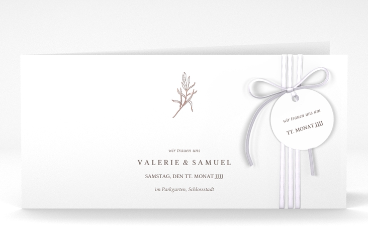 Hochzeitseinladung Ivy lange Klappkarte quer weiss rosegold minimalistisch mit kleiner botanischer Illustration