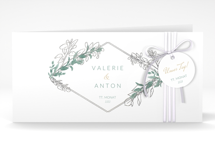 Hochzeitseinladung Verde lange Klappkarte quer weiss silber
