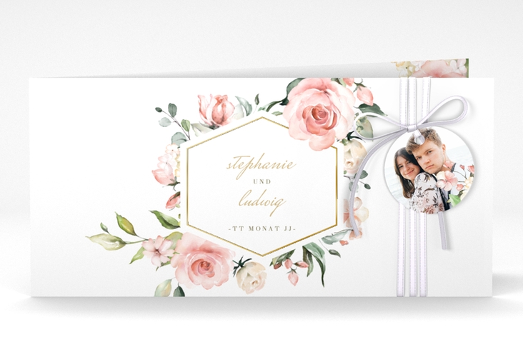 Hochzeitseinladung Graceful lange Klappkarte quer weiss gold mit Rosenblüten in Rosa und Weiß