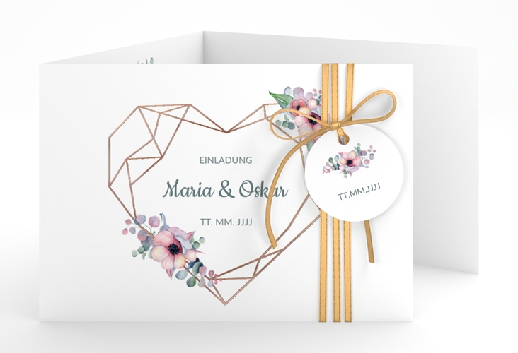 Hochzeitseinladung Herzgold A6 Doppel-Klappkarte rosegold