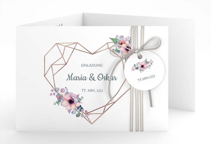 Hochzeitseinladung Herzgold A6 Doppel-Klappkarte rosegold