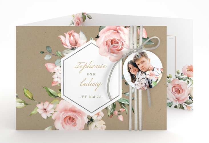 Hochzeitseinladung Graceful A6 Doppel-Klappkarte silber mit Rosenblüten in Rosa und Weiß