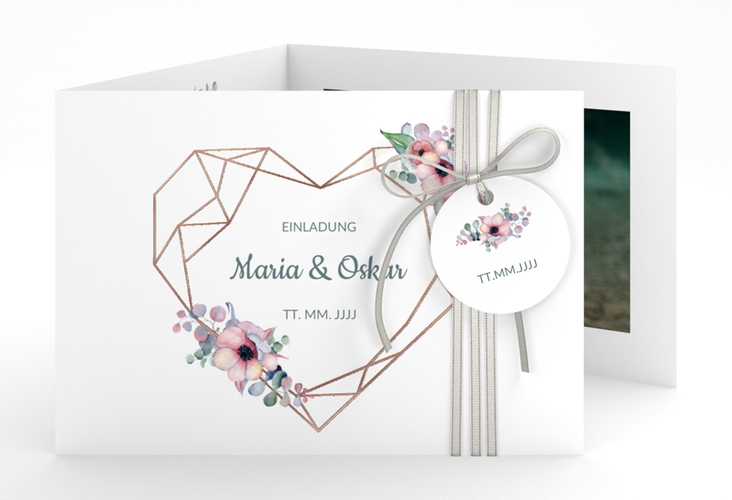 Hochzeitseinladung Herzgold A6 Doppel-Klappkarte rosegold