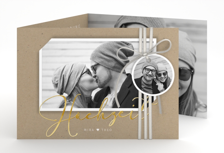 Hochzeitseinladung Crafty A6 Doppel-Klappkarte gold mit Schwarzweiß-Foto