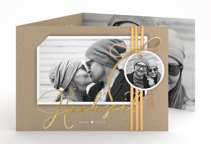 Hochzeitseinladung Crafty A6 Doppel-Klappkarte gold mit Schwarzweiß-Foto