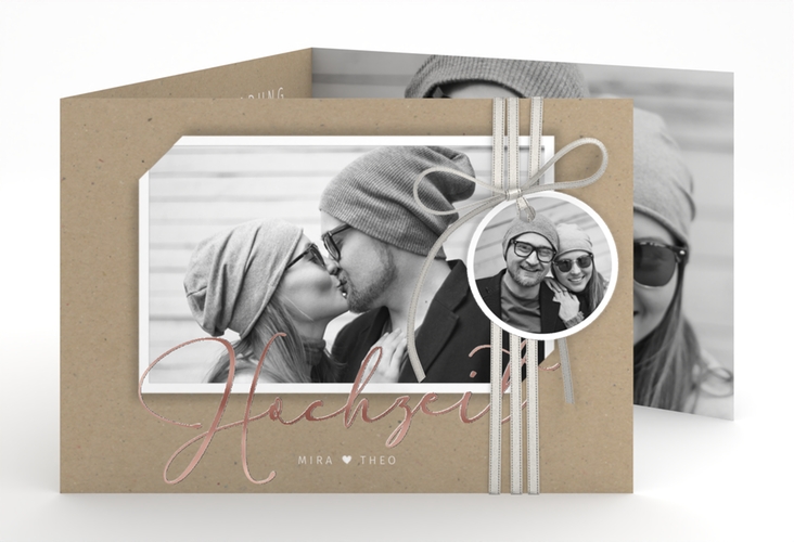 Hochzeitseinladung Crafty A6 Doppel-Klappkarte rosegold mit Schwarzweiß-Foto