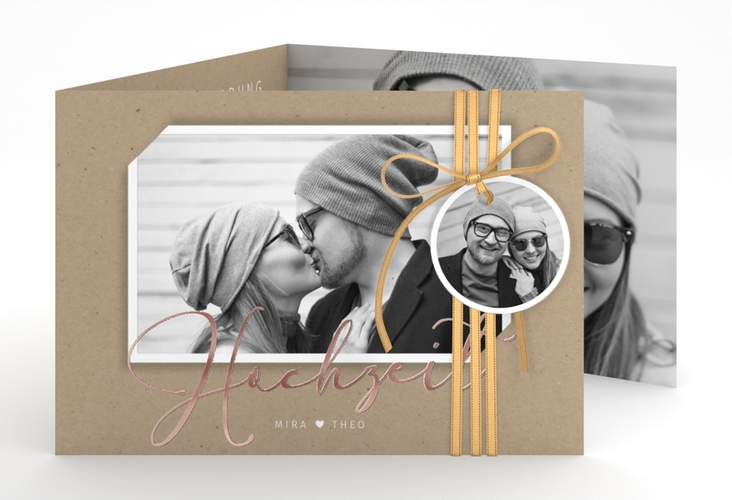 Hochzeitseinladung Crafty A6 Doppel-Klappkarte rosegold mit Schwarzweiß-Foto