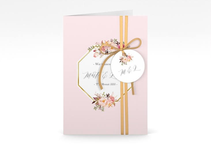 Einladungskarte Hochzeit Prachtvoll A6 Klappkarte hoch rosa gold