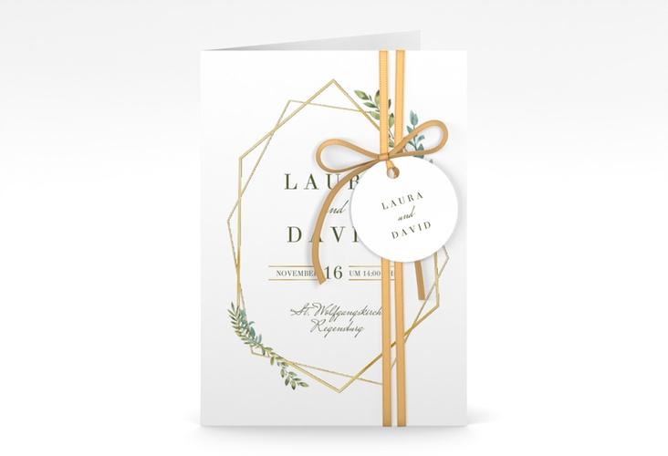 Einladungskarte Hochzeit Herbarium A6 Klappkarte hoch grau gold mit geometrischem Rahmen und Blätter-Dekor