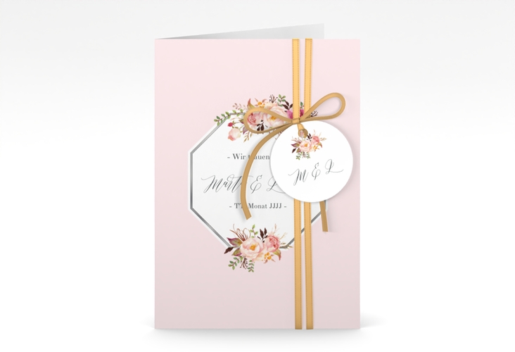 Einladungskarte Hochzeit Prachtvoll A6 Klappkarte hoch rosa silber