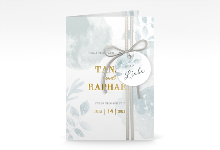 Einladungskarte Hochzeit Blätterdruck A6 Klappkarte hoch mint gold
