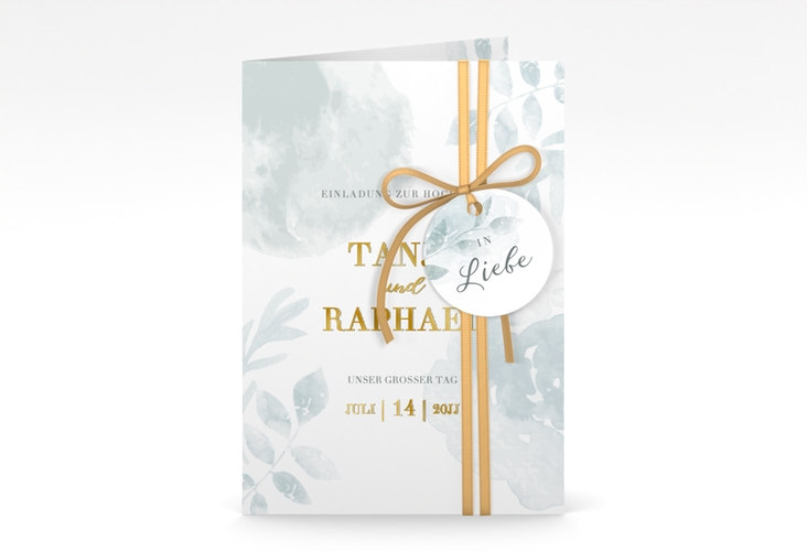 Einladungskarte Hochzeit Blätterdruck A6 Klappkarte hoch mint gold