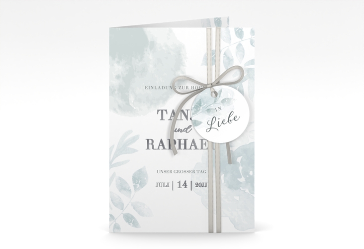 Einladungskarte Hochzeit Blätterdruck A6 Klappkarte hoch mint silber