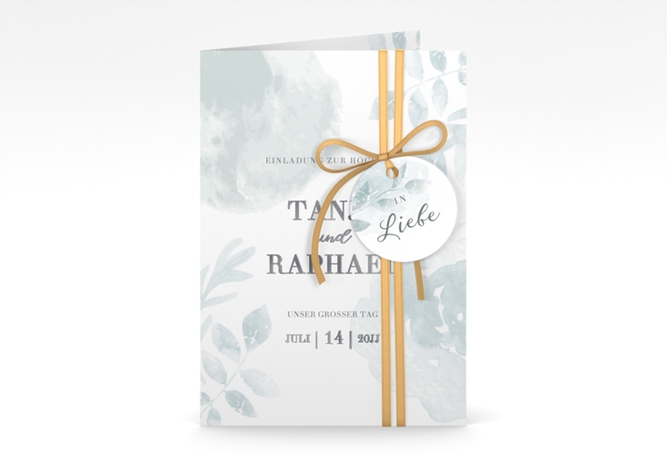 Einladungskarte Hochzeit Blätterdruck A6 Klappkarte hoch mint silber