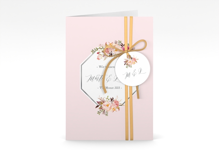 Einladungskarte Hochzeit Prachtvoll A6 Klappkarte hoch rosa silber