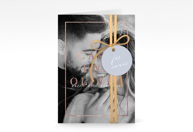 Einladungskarte Hochzeit Moment A6 Klappkarte hoch blau rosegold