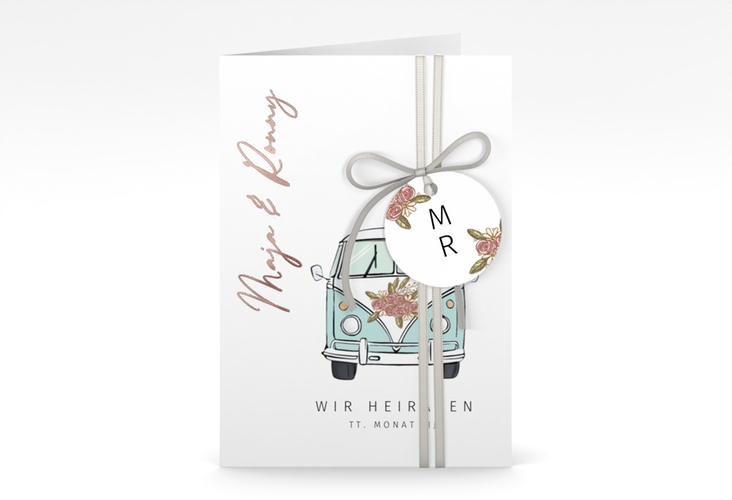 Einladungskarte Hochzeit Hochzeitsbulli A6 Klappkarte hoch blau rosegold mit Gräsern und Trockenblumen für Boho-Hochzeit
