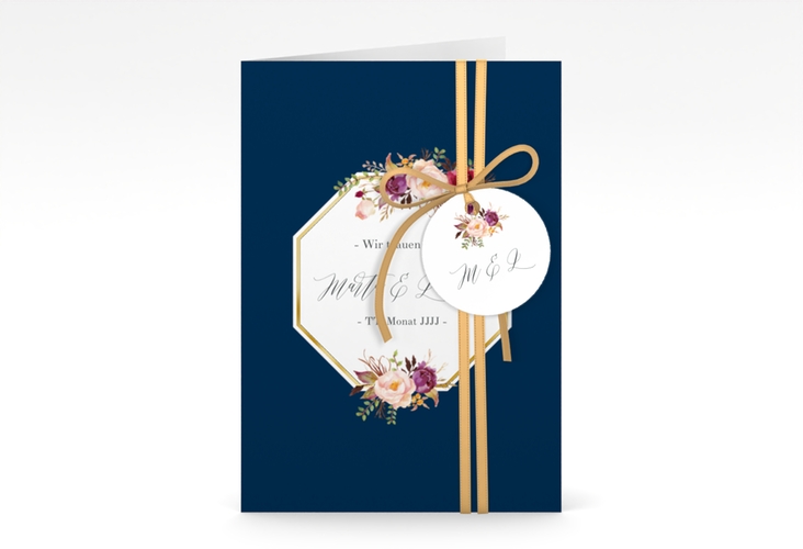 Einladungskarte Hochzeit Prachtvoll A6 Klappkarte hoch blau gold