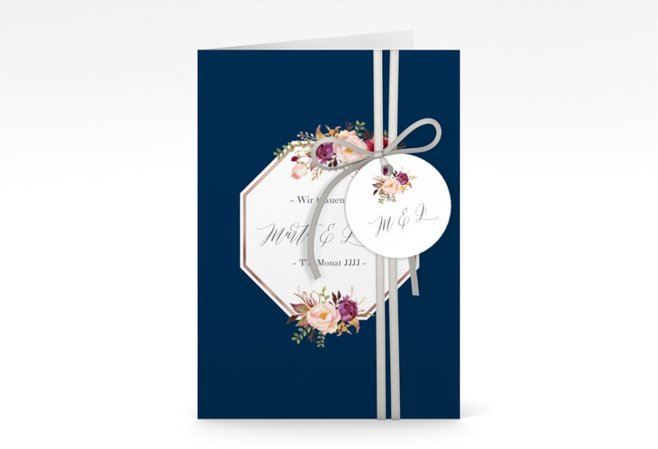 Einladungskarte Hochzeit Prachtvoll A6 Klappkarte hoch blau rosegold