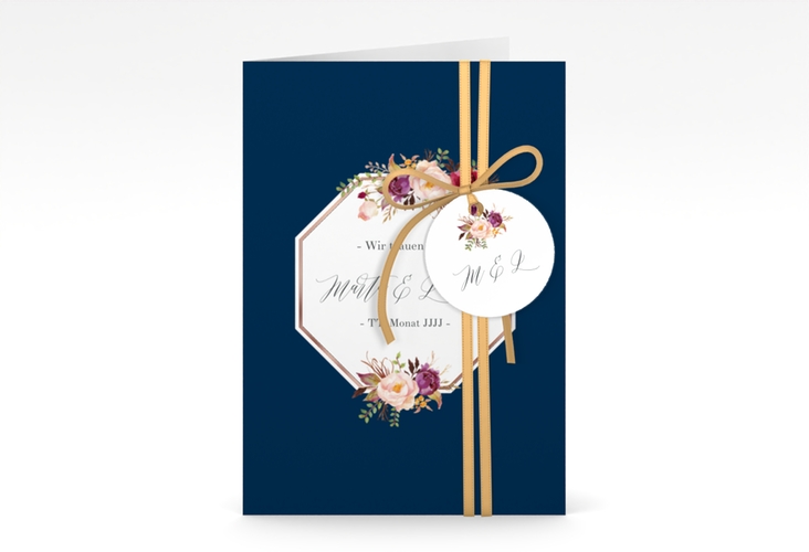 Einladungskarte Hochzeit Prachtvoll A6 Klappkarte hoch blau rosegold
