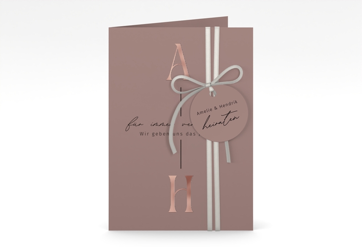Einladungskarte Hochzeit Lebensbund A6 Klappkarte hoch rosa rosegold mit veredelbaren Initialen
