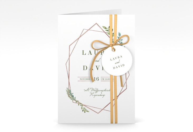 Einladungskarte Hochzeit Herbarium A6 Klappkarte hoch grau rosegold mit geometrischem Rahmen und Blätter-Dekor