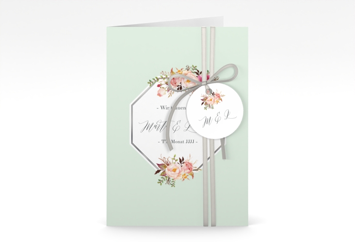 Einladungskarte Hochzeit Prachtvoll A6 Klappkarte hoch mint silber