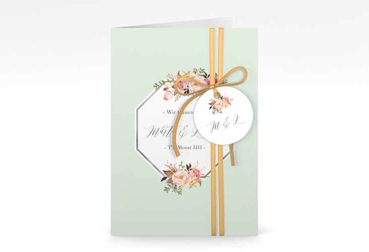 Einladungskarte Hochzeit Prachtvoll A6 Klappkarte hoch mint silber