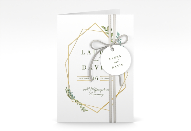 Einladungskarte Hochzeit Herbarium A6 Klappkarte hoch gold gold mit geometrischem Rahmen und Blätter-Dekor