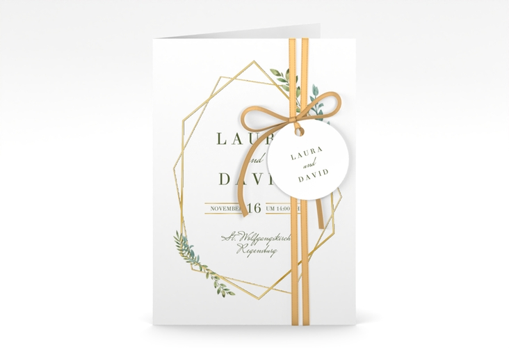 Einladungskarte Hochzeit Herbarium A6 Klappkarte hoch gold gold mit geometrischem Rahmen und Blätter-Dekor