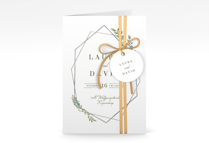 Einladungskarte Hochzeit Herbarium A6 Klappkarte hoch gold silber mit geometrischem Rahmen und Blätter-Dekor
