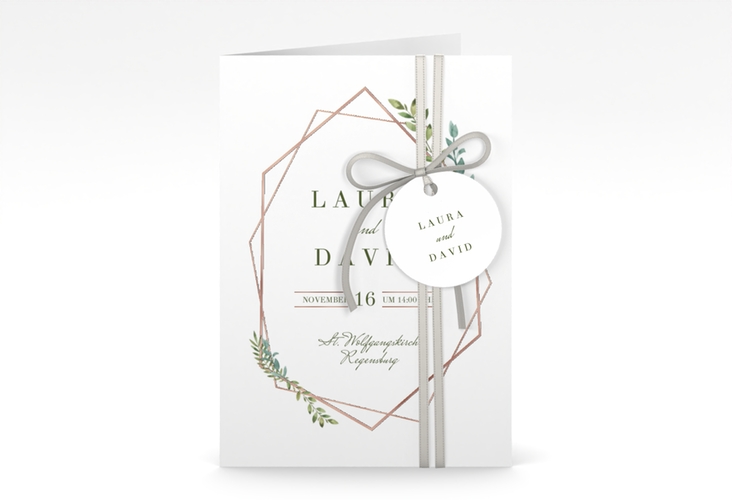 Einladungskarte Hochzeit Herbarium A6 Klappkarte hoch gold rosegold mit geometrischem Rahmen und Blätter-Dekor