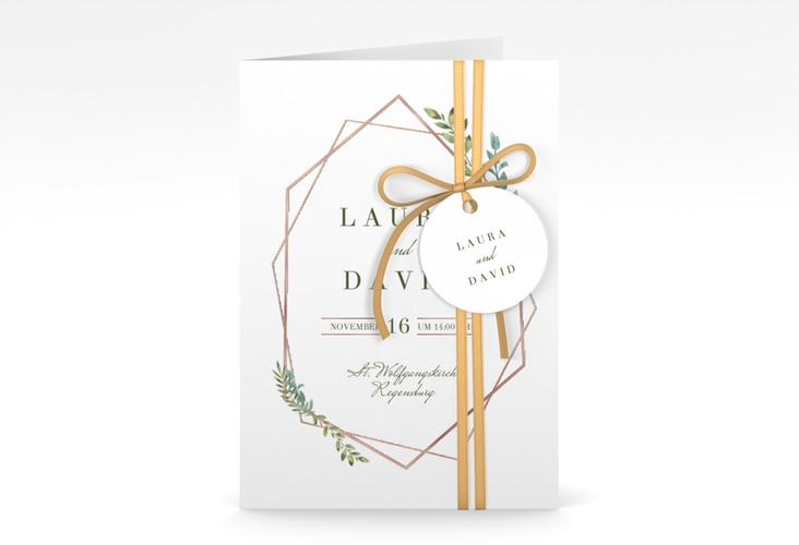 Einladungskarte Hochzeit Herbarium A6 Klappkarte hoch gold rosegold mit geometrischem Rahmen und Blätter-Dekor